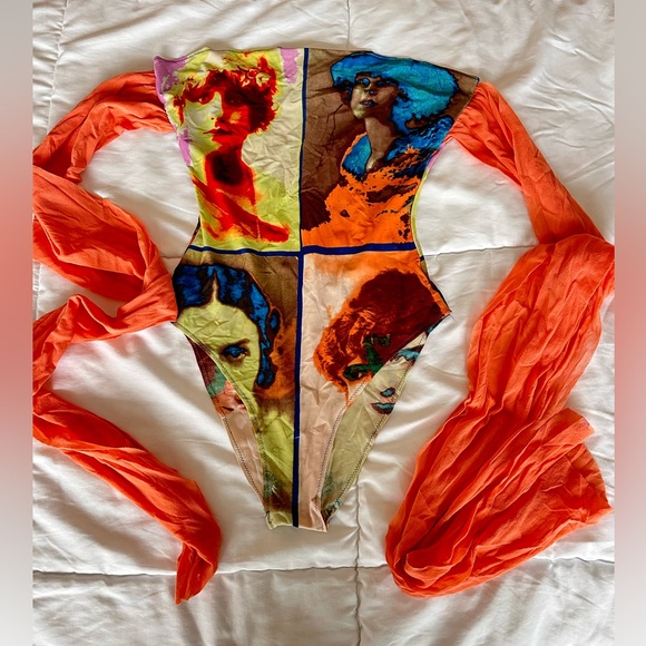 Jean Paul Gaultier Other - 90s Jean Paul Gaultier Artistic Bodysuit with Orange mesh scarf